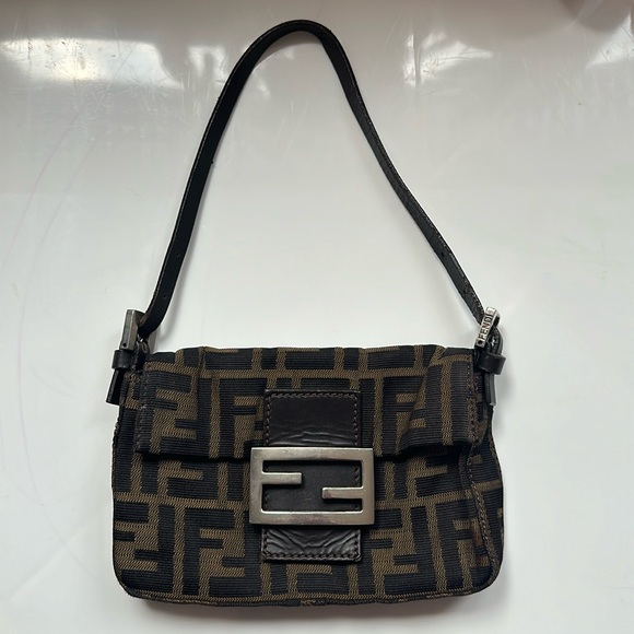 Fendi Handbags - FENDI 2000s Zucchino Monogram Double Flap Brown Baguette Bag.